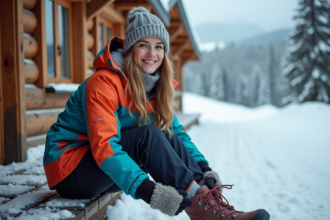 Jeune femme en ski vêtue dehors face à la montagne enneigée