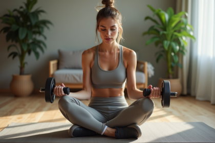 Jeune femme sportive compare deux haltères dans son salon