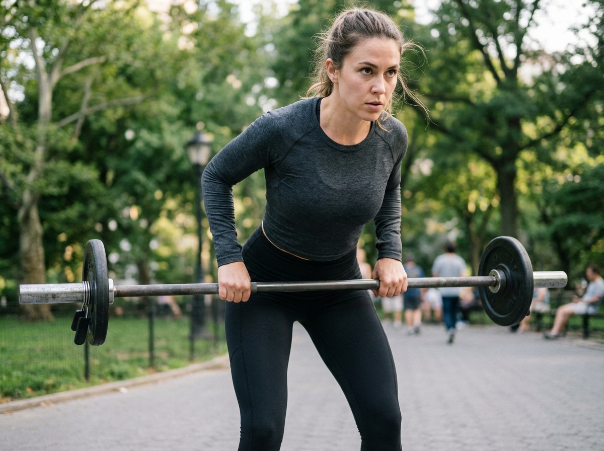 Femme sportive en extérieur effectuant un rowing avec barre
