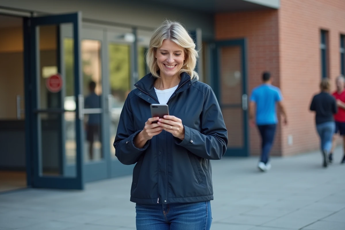 Femme dehors devant un complexe sportif utilisant son smartphone