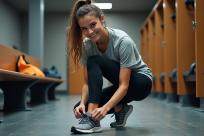 Jeune femme en tenue de sport dans un vestiaire