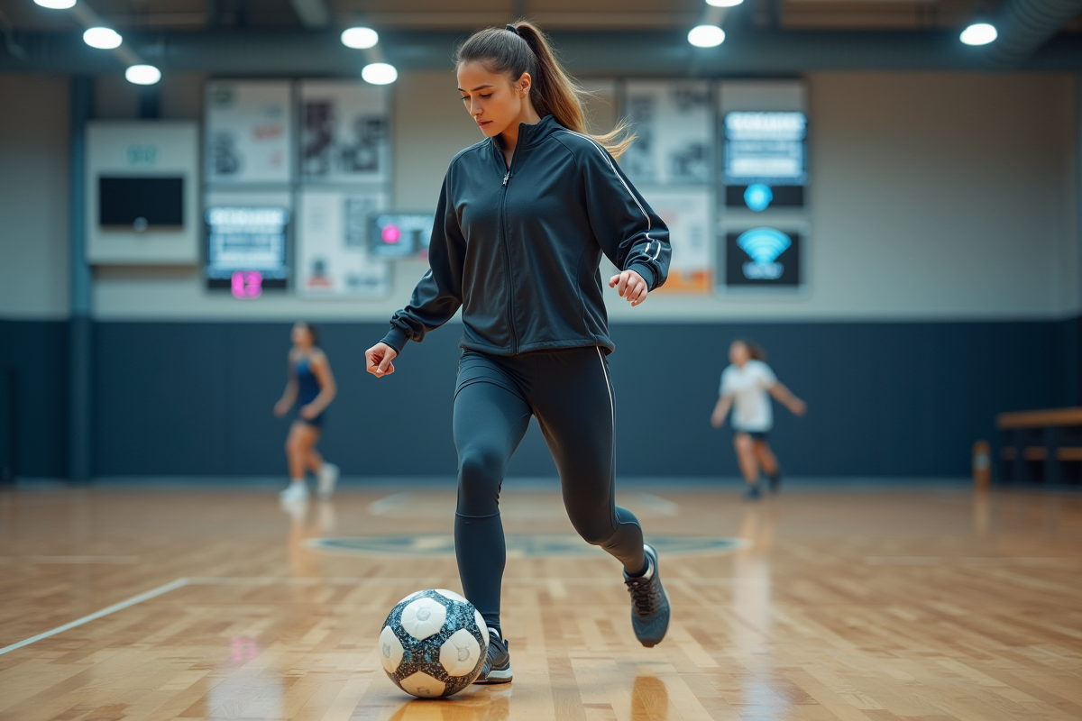 Femme athlétique contrôlant un ballon connecté en salle