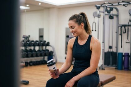 Jeune femme sportive tenant un shaker BCAA dans une salle de sport