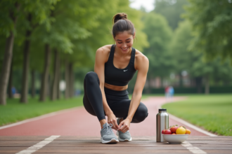 Jeune femme sportive s'hydrate avant course dans un parc