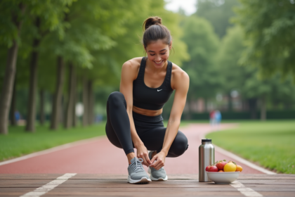 Jeune femme sportive s'hydrate avant course dans un parc