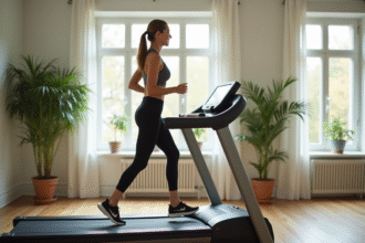 Femme souriante en tenue de sport marchant sur un tapis moderne dans un salon lumineux