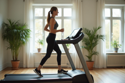 Femme souriante en tenue de sport marchant sur un tapis moderne dans un salon lumineux