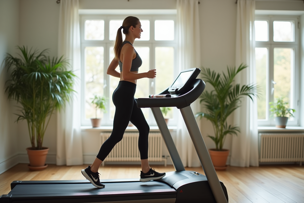 Femme souriante en tenue de sport marchant sur un tapis moderne dans un salon lumineux