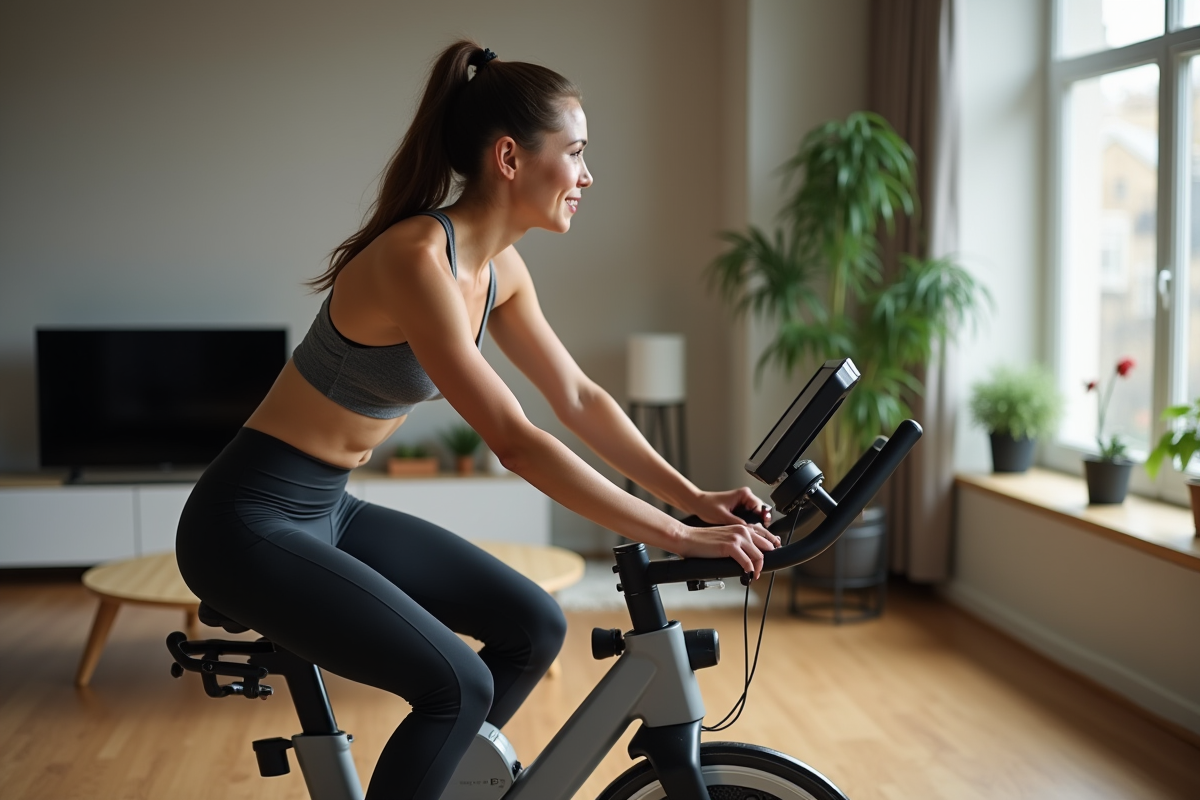 Femme sportive en salle utilisant un vélo d'appartement