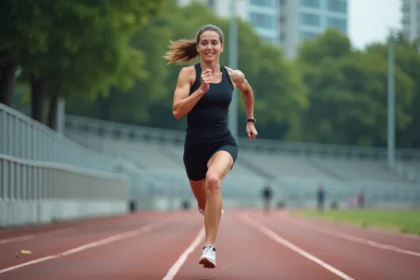 Femme effectuant un sprint à haute intensité sur une piste d'athlétisme urbaine, illustrant l'entraînement HIIT