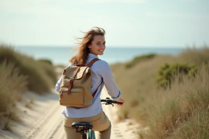 Jeune femme à vélo sur la côte atlantique en bord de mer