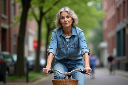 Femme à vélo urbain hollandais en jeans et chemise rayée