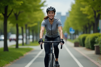 Femme en vélo sur piste urbaine entourée d'arbres