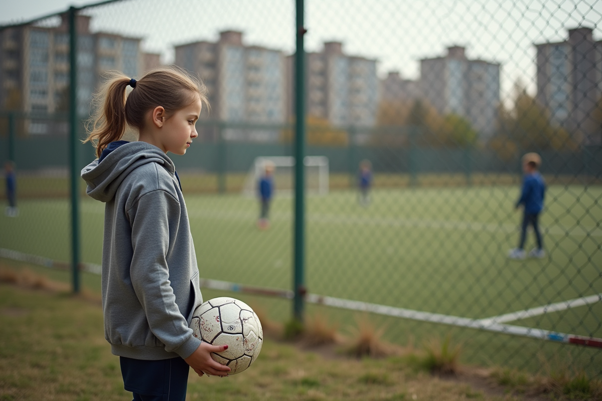 Jeune fille avec ballon de soccer dans un parc urbain