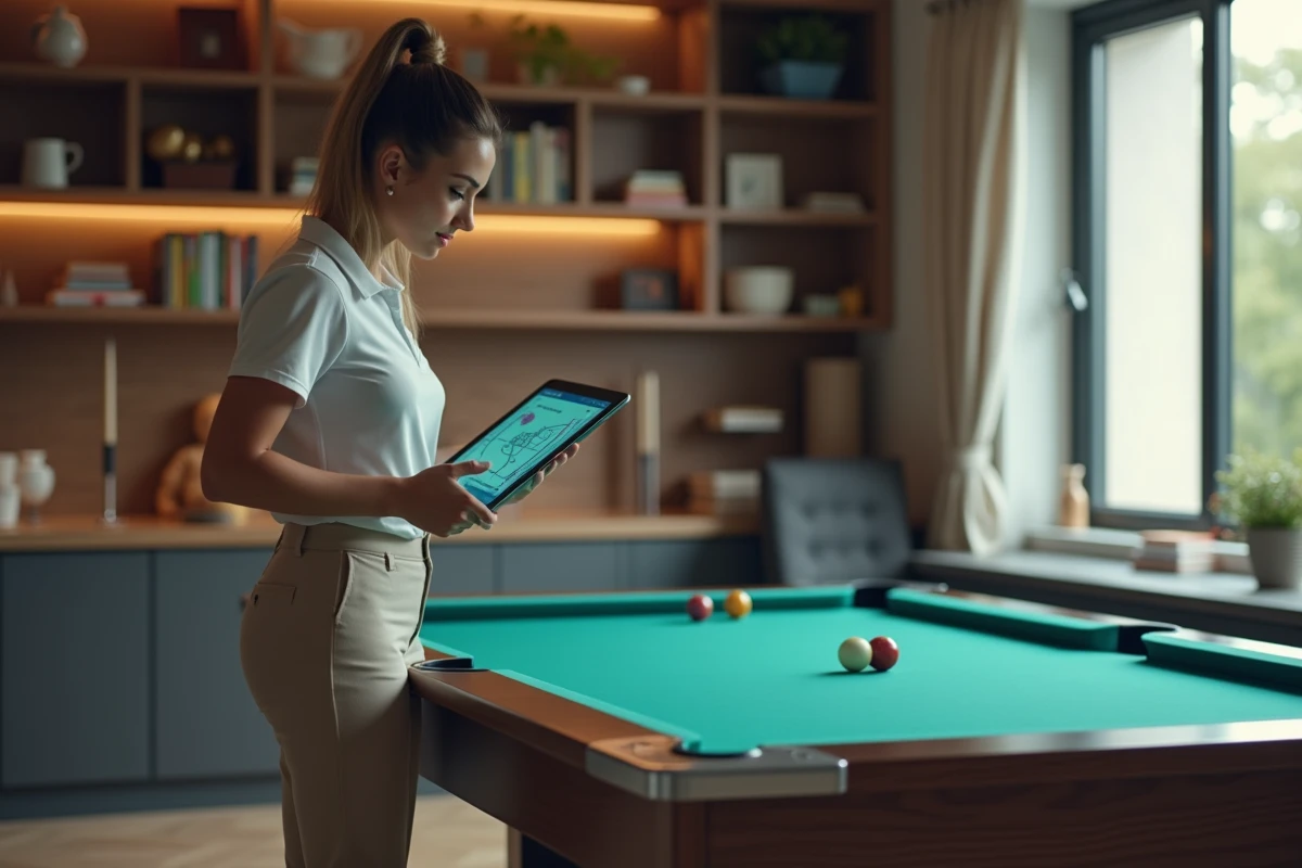 Jeune femme analysant un diagramme de billard sur une tablette à la maison