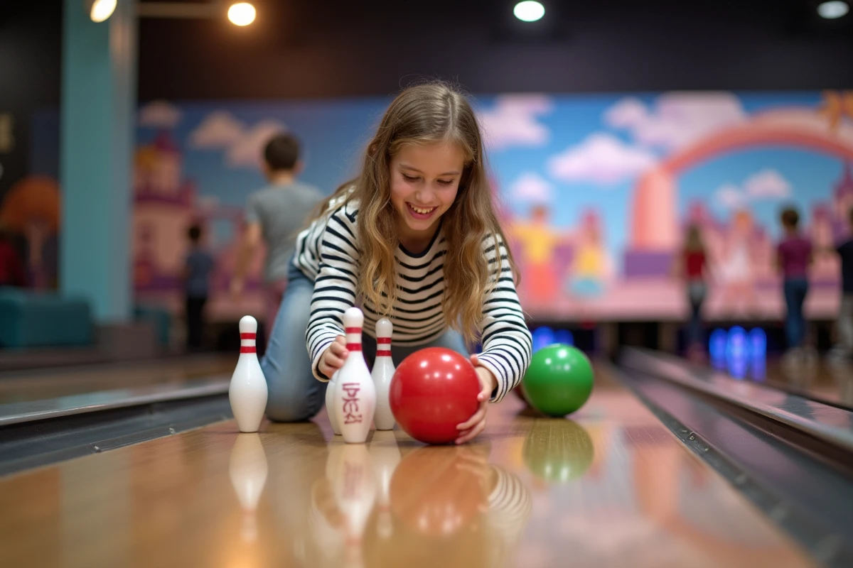 Fille arrangeant des quilles de bowling lors d un anniversaire