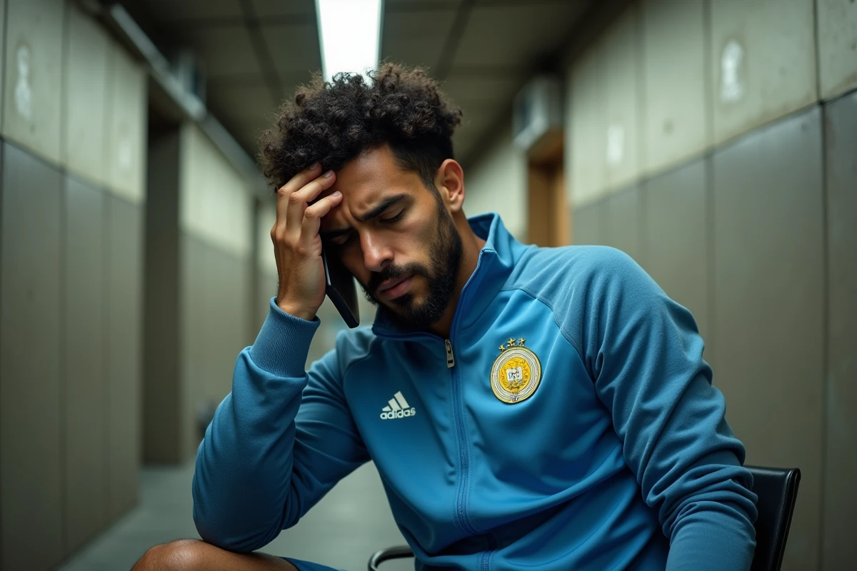 Footballeur argentin épuisé après un match, au téléphone dans un couloir de stade, exprimant la pression psychologique du sport de haut niveau