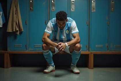 Footballeur argentin assis seul dans un vestiaire, pensif avant un match important, portant le maillot bleu et blanc de l'Argentine