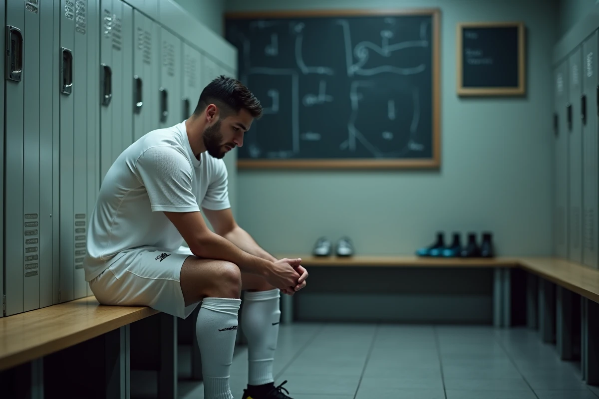 Footballeur professionnel seul dans un vestiaire pendant la période de rumeurs de transfert et d'incertitude du mercato