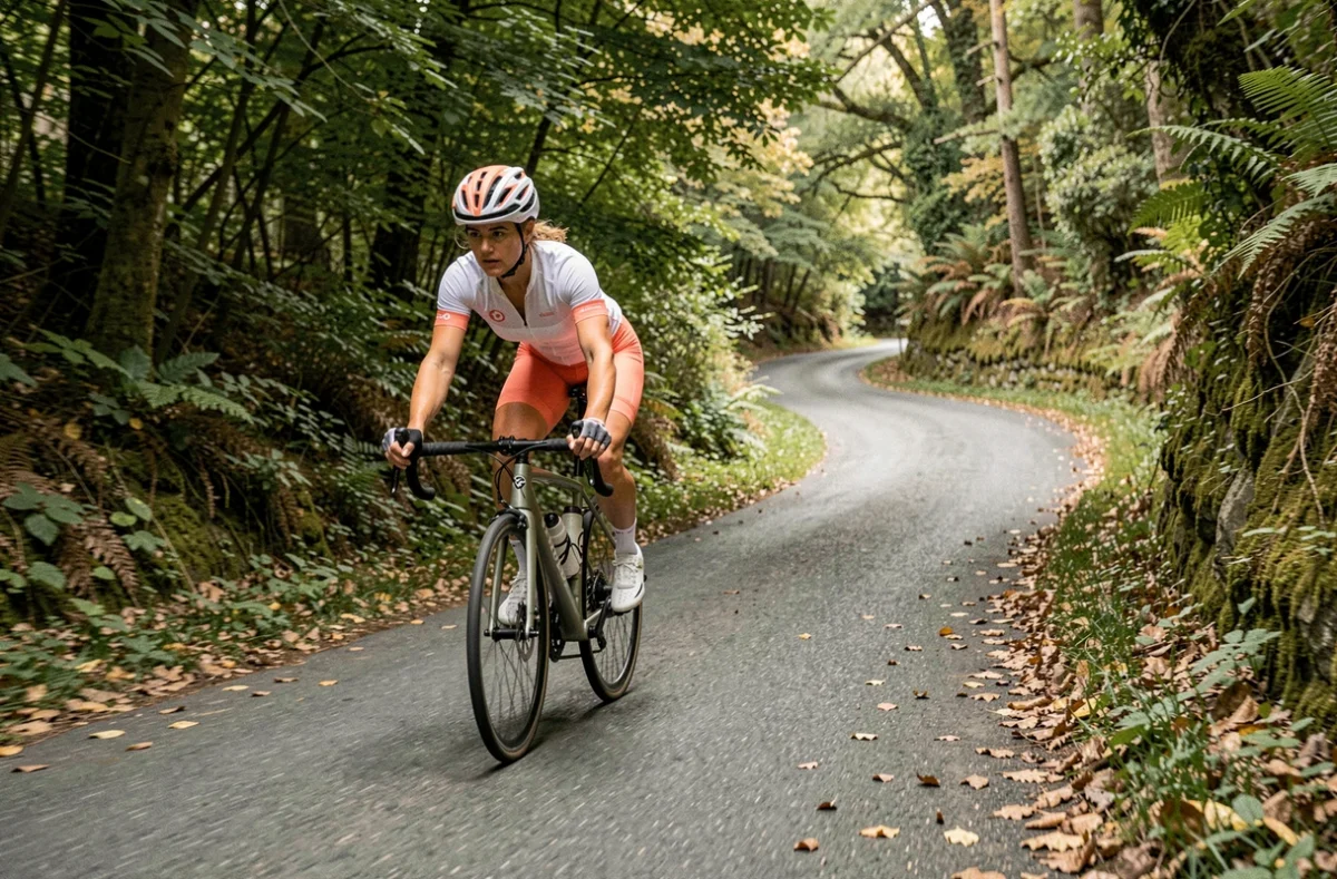 Cycliste féminine maîtrisant le freinage en descente sur une route forestière sinueuse