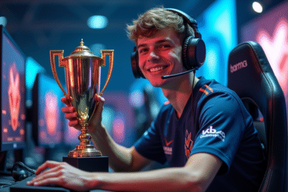 Jeune homme avec trophée en esport lors d'un championnat