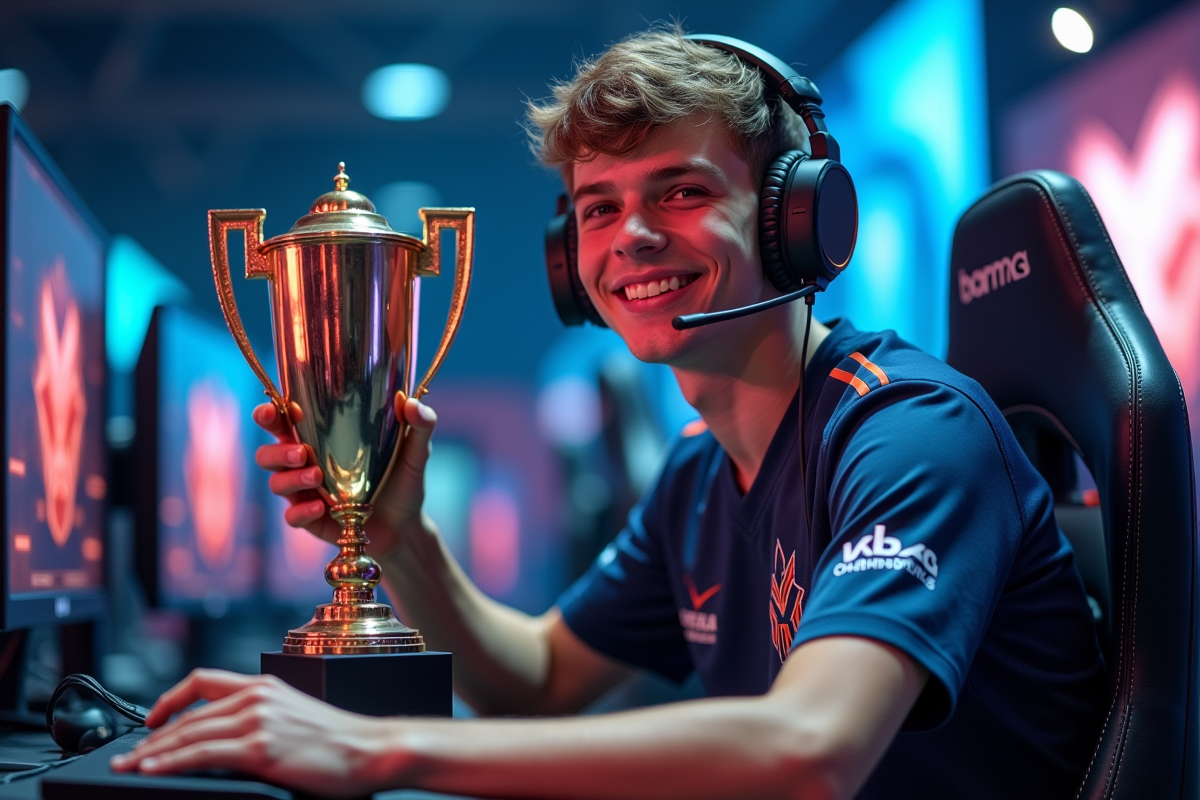 Jeune homme avec trophée en esport lors d'un championnat