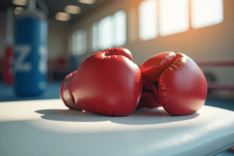 Gants de boxe blancs sur un banc de gym lumineux