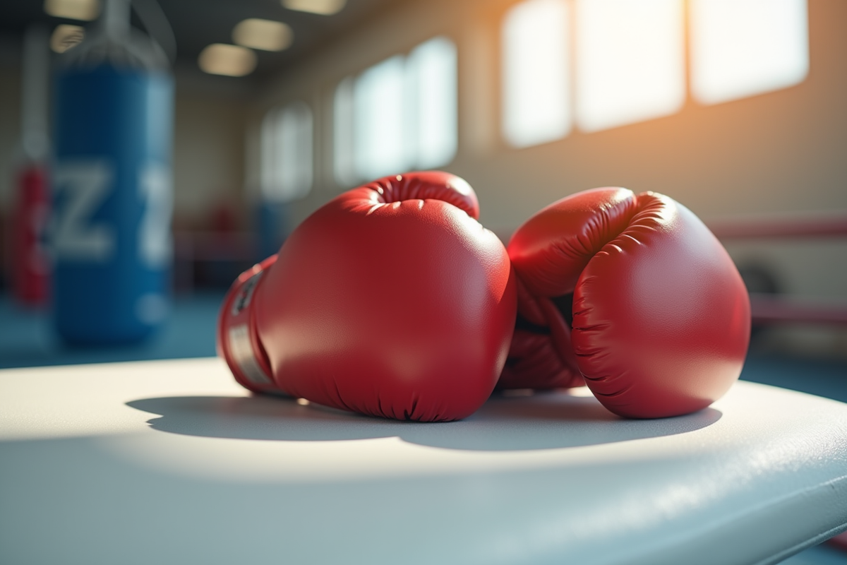Gants de boxe blancs sur un banc de gym lumineux