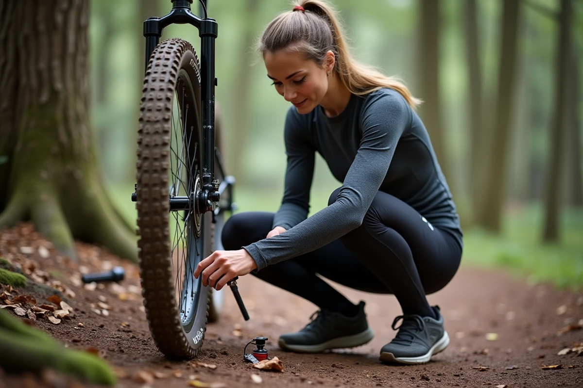 Vététiste féminine gonflant un pneu VTT 26 pouces avec une pompe digitale sur un sentier forestier