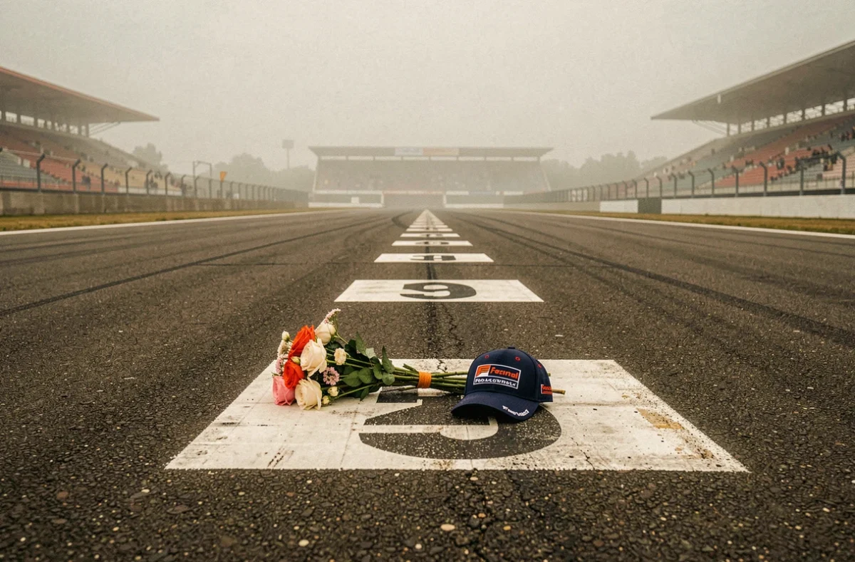 Grille de départ de Formule 1 vide avec un bouquet de fleurs en hommage, symbole de deuil dans le monde de la course