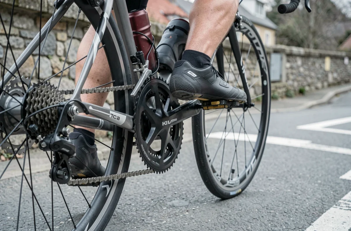 Gros plan sur la transmission et les pédales d'un vélo de route en position de rétropédalage en descente urbaine