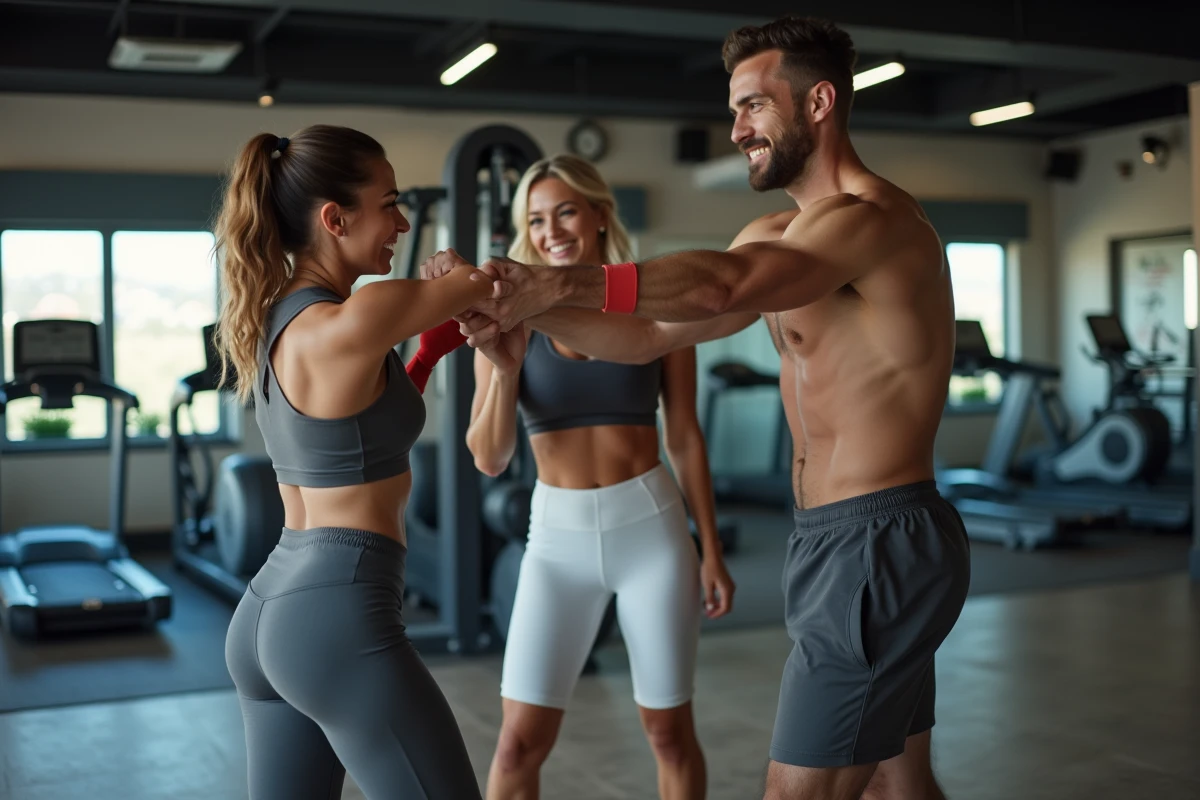 Groupe d'adultes s'entraînant ensemble sur une machine de boxe musicale dans une salle de fitness commerciale