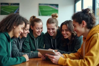 Jeunes adultes autour d'une tablette dans un club sportif