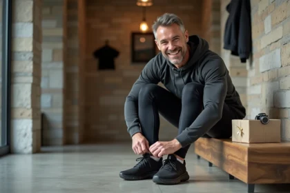 Homme en tenue de sport attachant ses chaussures de course