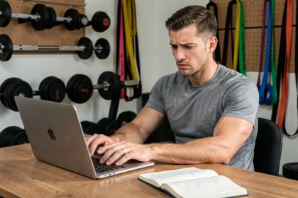 Homme musclé analysant des conseils fitness sur un forum en ligne depuis un bureau de home gym
