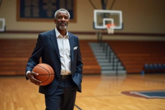 Homme africain en survetement vintage sur un terrain de basket