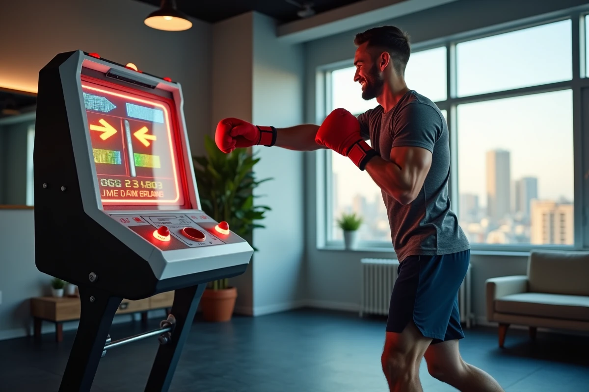 Homme avec bandages de boxe frappant une machine de boxe rythmique dans une salle de sport à domicile