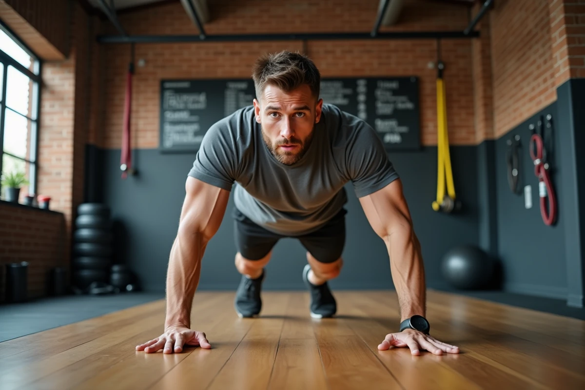 Homme réalisant des burpees dans une salle de fitness fonctionnelle, démontrant un exercice typique du HIIT