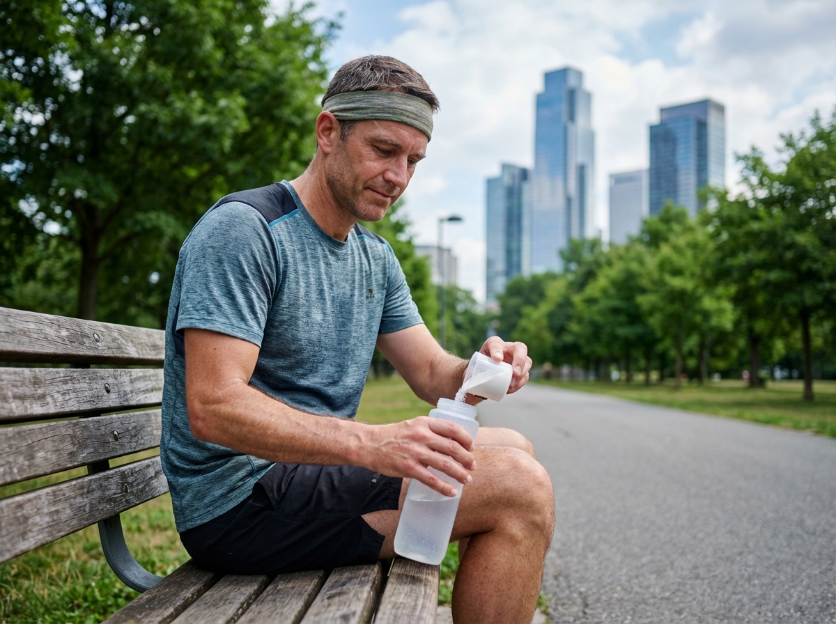Homme courant dans un parc urbain mélangeant BCAA dans son eau