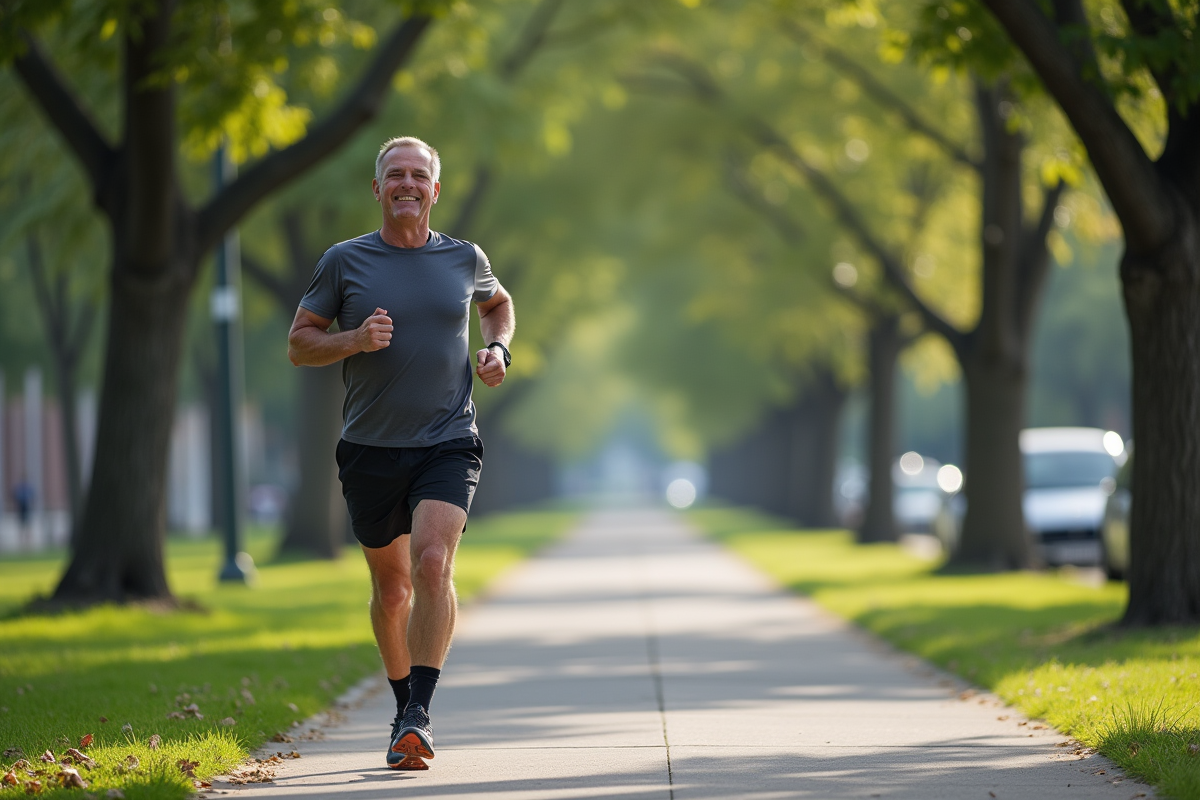 Homme courant dans un parc urbain en pleine nature