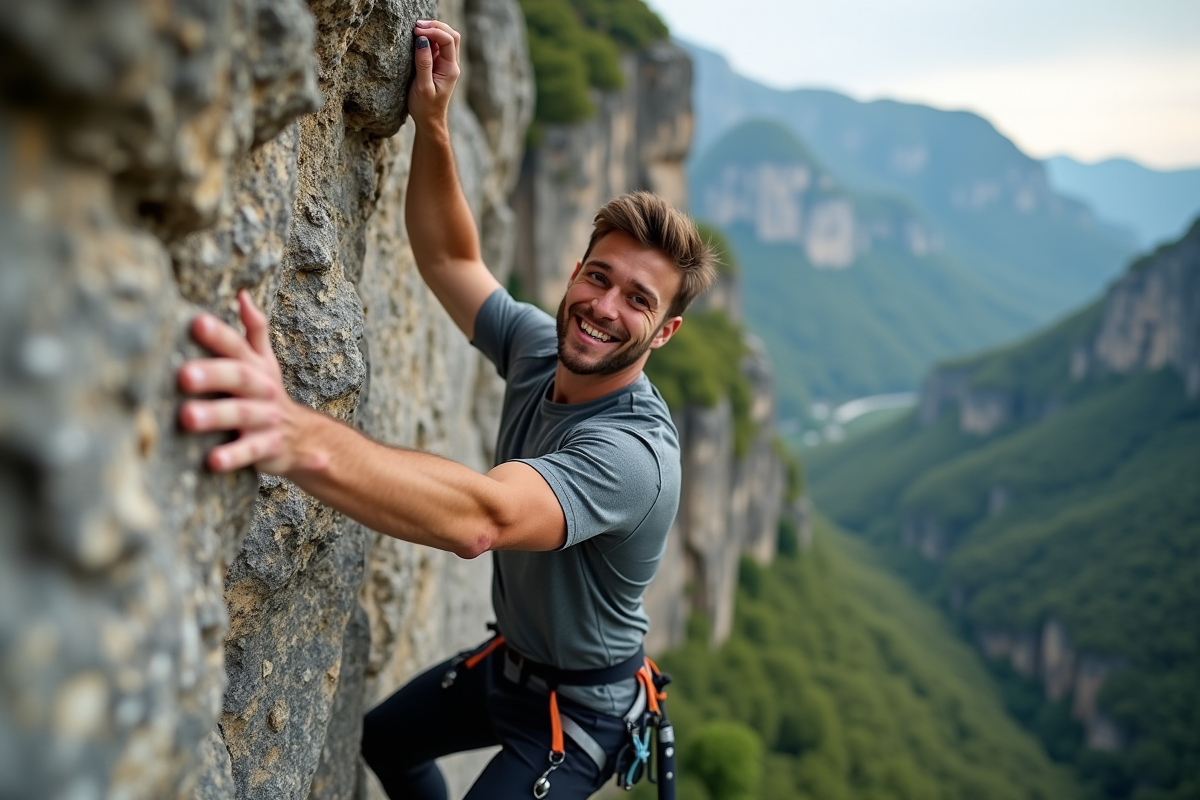 Homme grimpe en extérieur sur falaise rocheuse