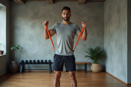Jeune homme musclé faisant curl avec bande de résistance dans salle moderne