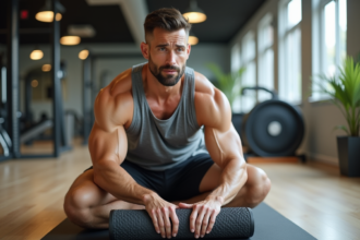 Homme musclé utilisant un rouleau de massage dans une salle de sport