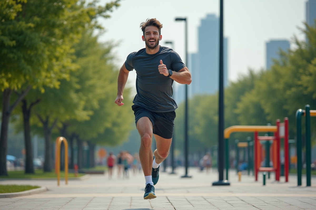 Jeune homme en entraînement HIIT dans un parc urbain