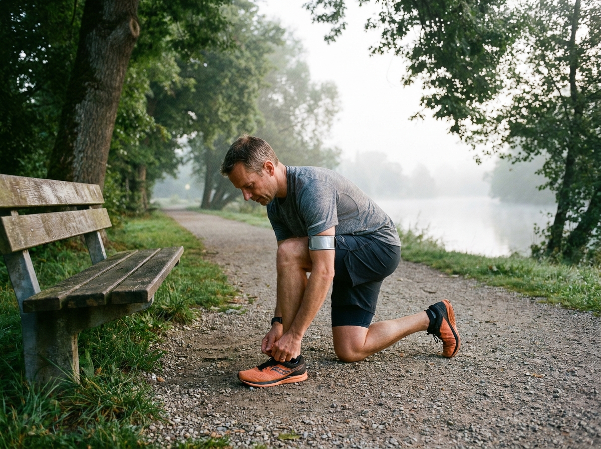 Homme en pleine préparation pour courir au bord de la rivière