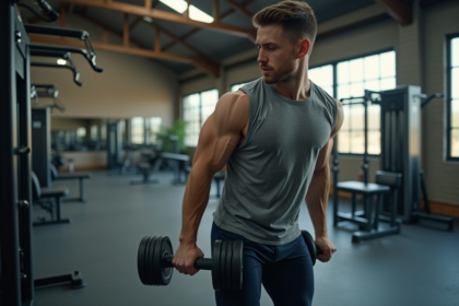 Jeune homme en musculation avec haltère pour les biceps