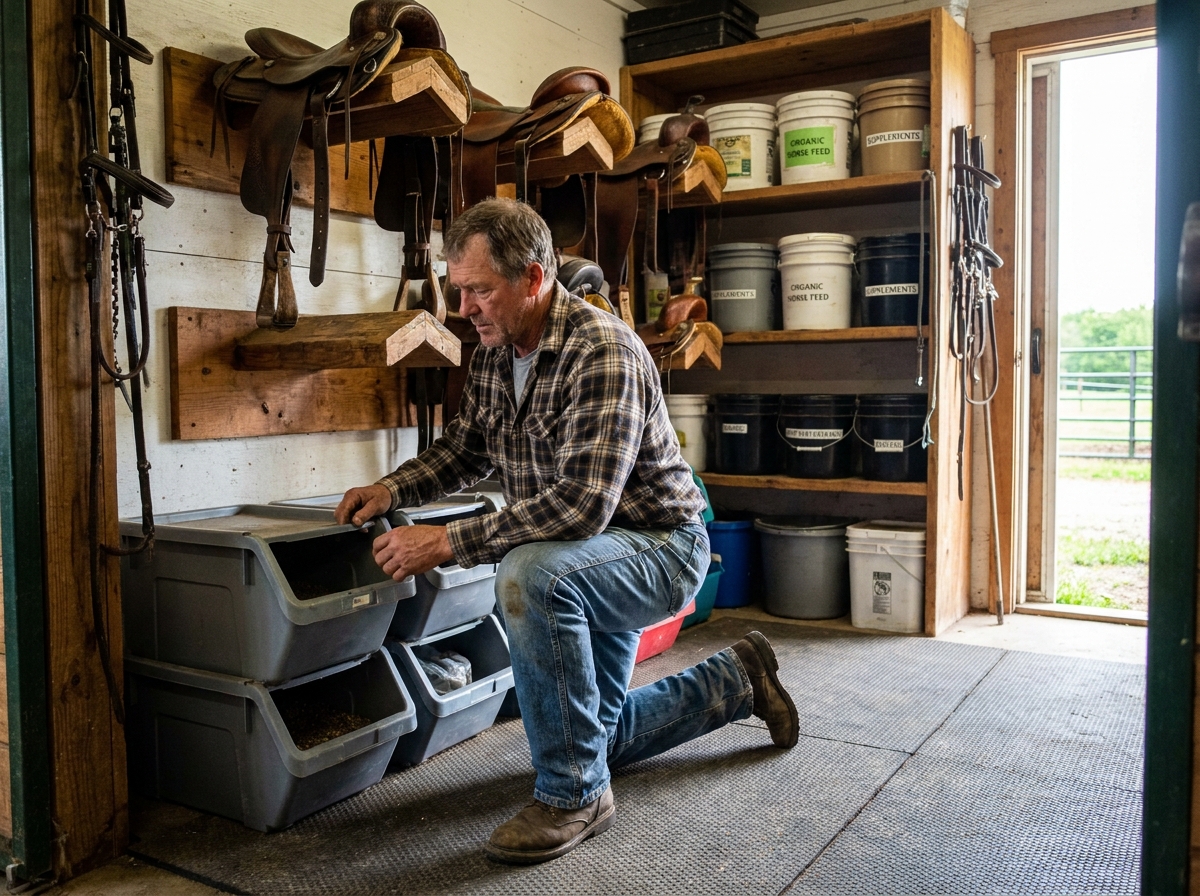 Homme arrangeant des bacs de nourriture dans un espace stable