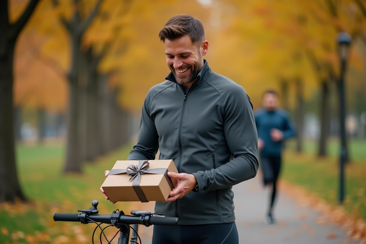 Homme ouvrant un bon cadeau fitness dans un parc