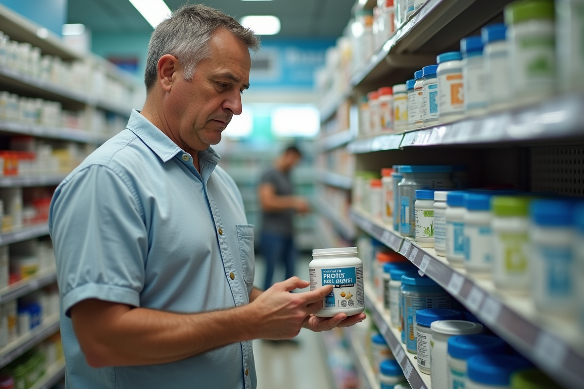 Homme examinant un pot de protéine en pharmacie