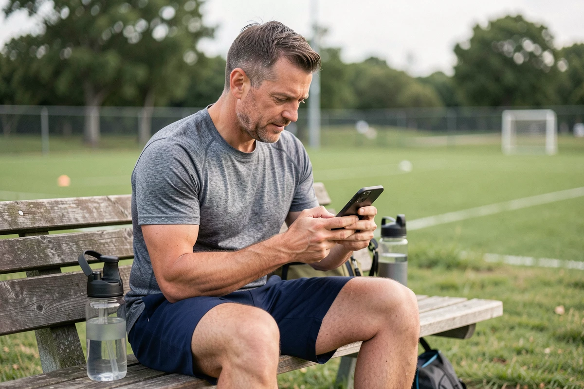 Homme d'âge moyen consultant un programme de sport sur smartphone, assis sur un banc près d'un terrain de sport, illustrant la planification d'une reprise sportive progressive